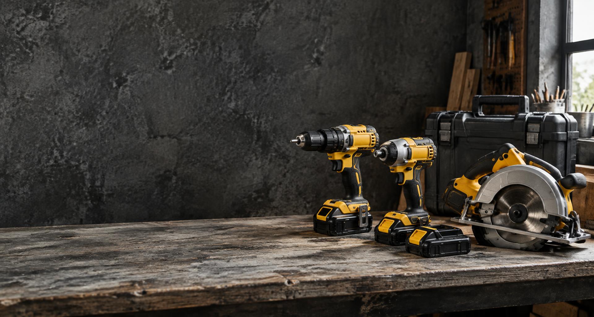 Yellow cordless drill, impact driver and circular saw on a workshop bench