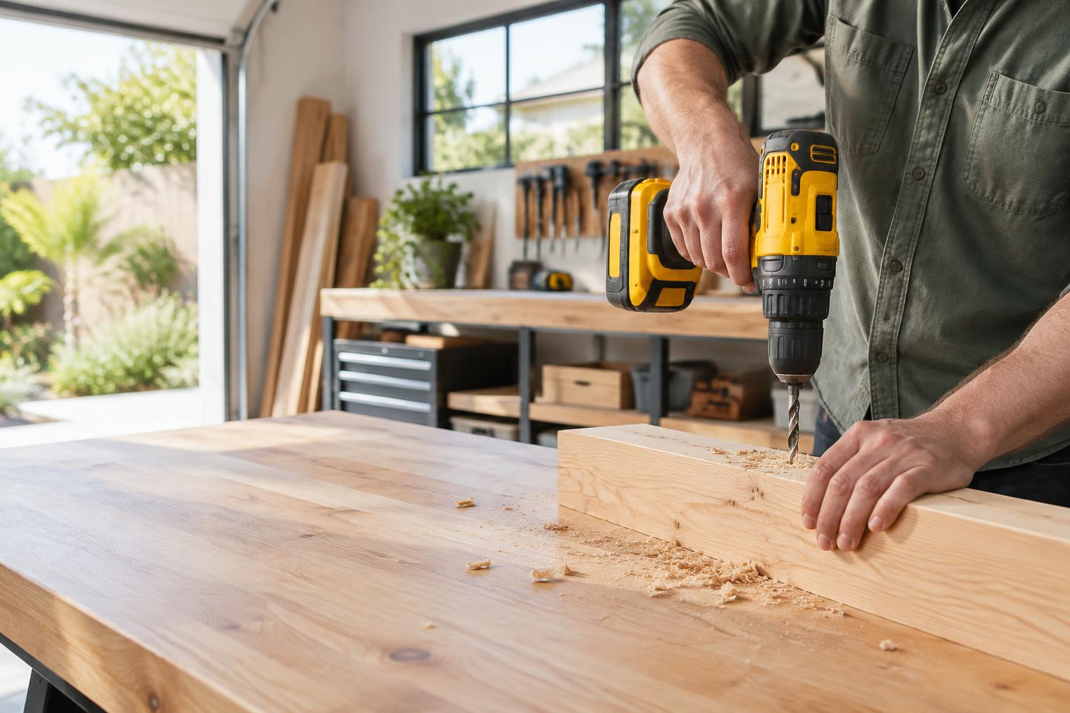 Craftsperson using a cordless drill on a timber workbench